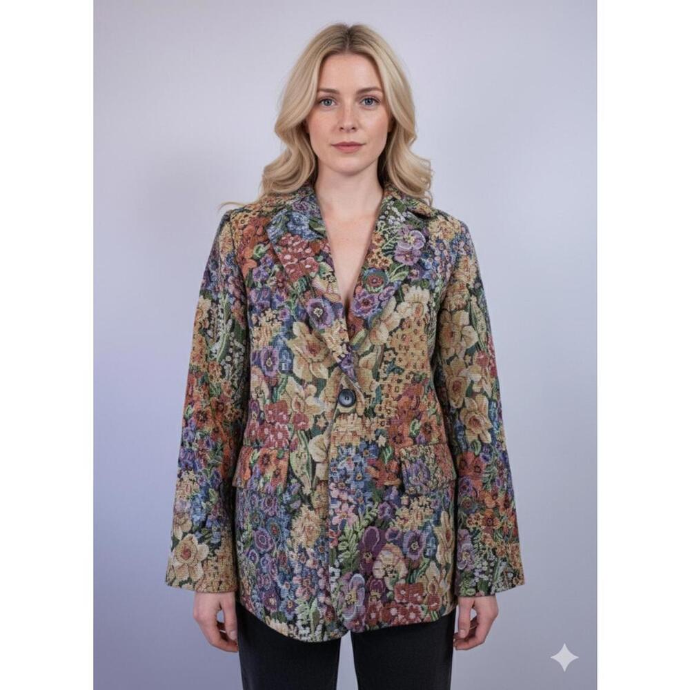 Women's Vintage Floral Pattern Blazer Single Button Size Medium